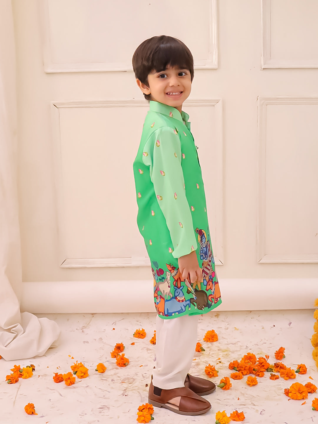 KID1 Krishna Slim-Fit Printed Kurta Pyjama Green