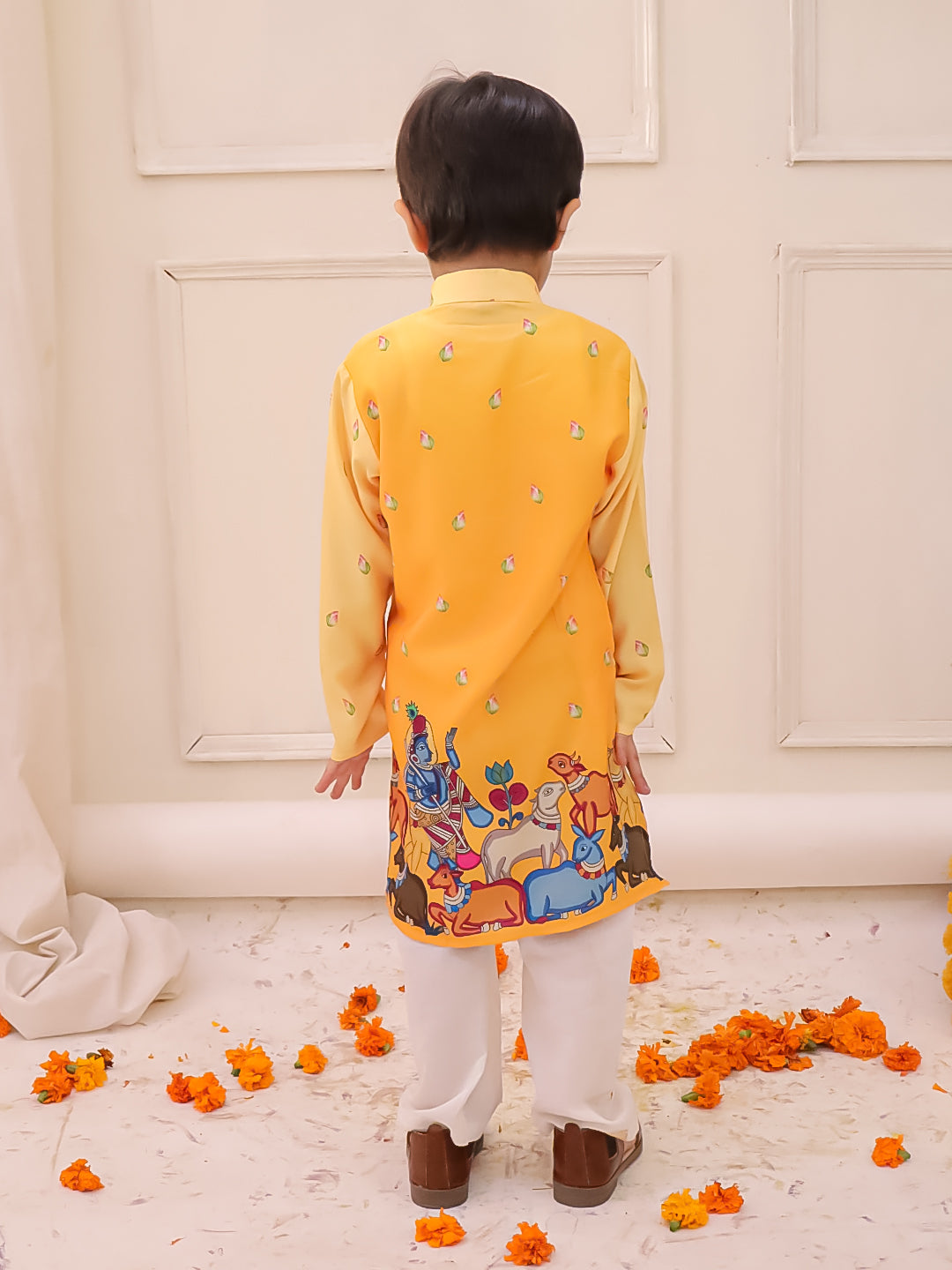 KID1 Krishna Slim-Fit Printed Kurta Pyjama Yellow