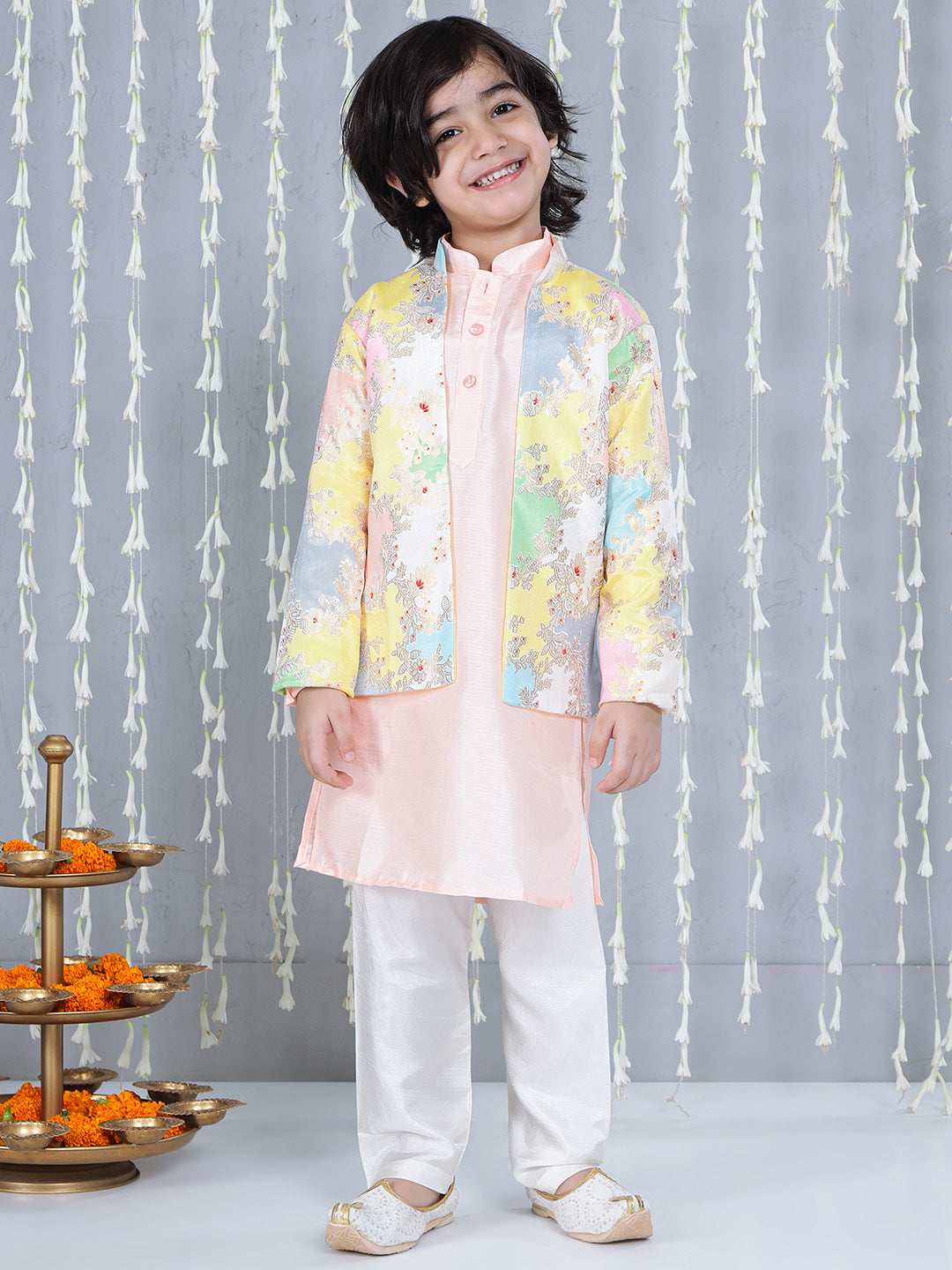 KID1 Dew Drop Jacket With Kurta And Pyjama Set Peach