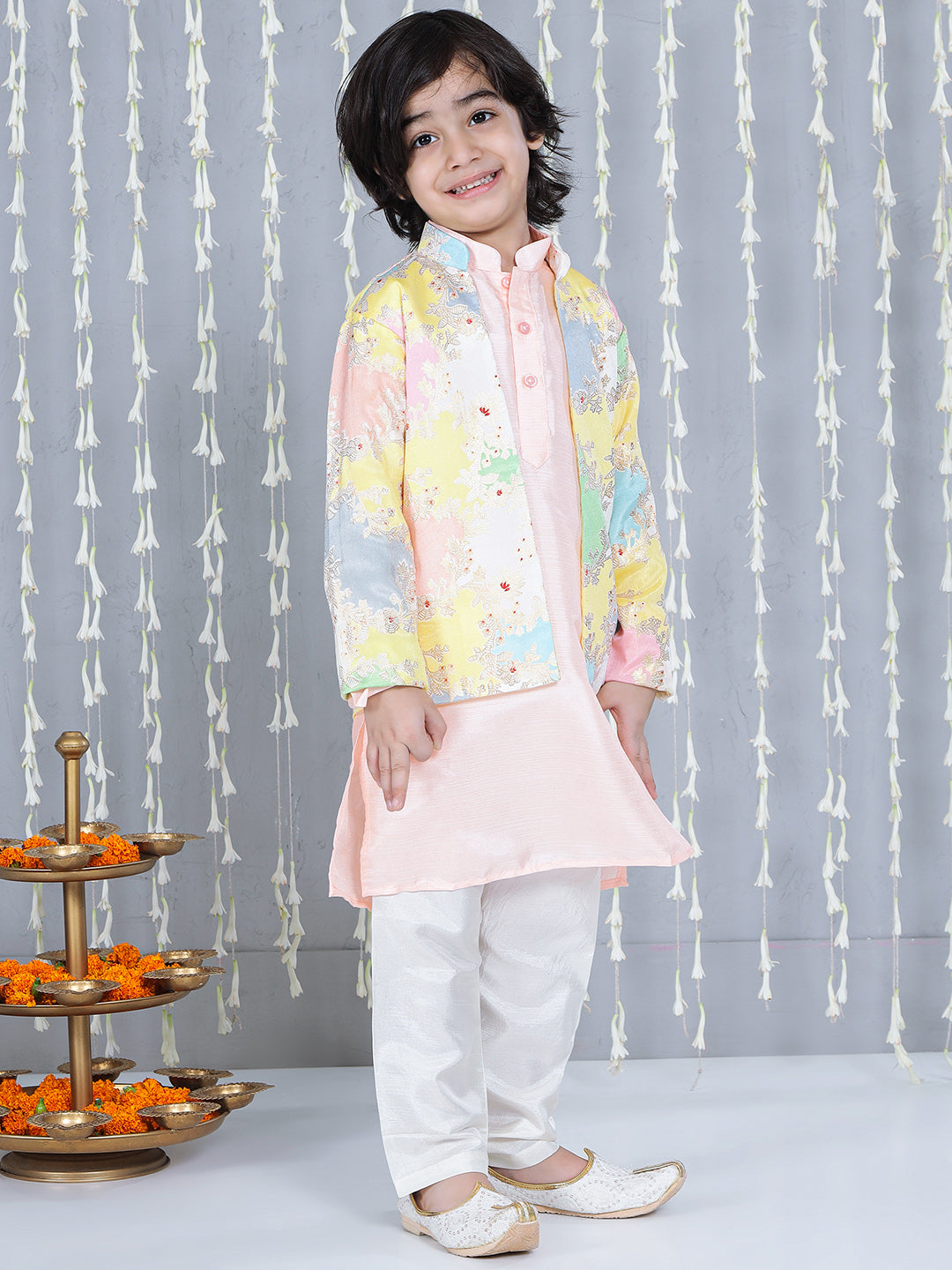 KID1 Dew Drop Jacket With Kurta And Pyjama Set Peach