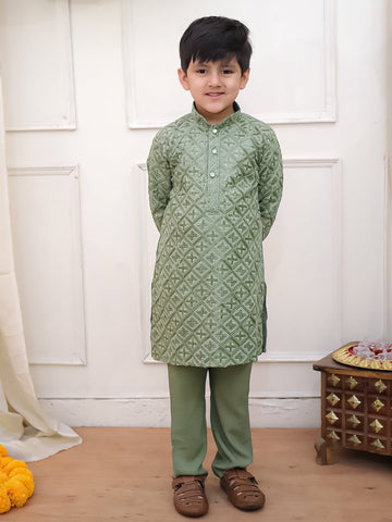 Kid One Sequins Work Kurta Pajama Set Green