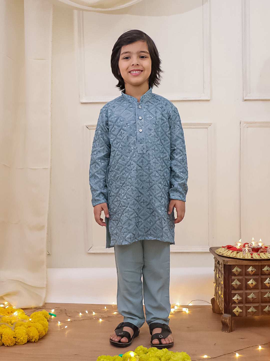 Kid One Sequins Work Kurta Pajama Set Gray