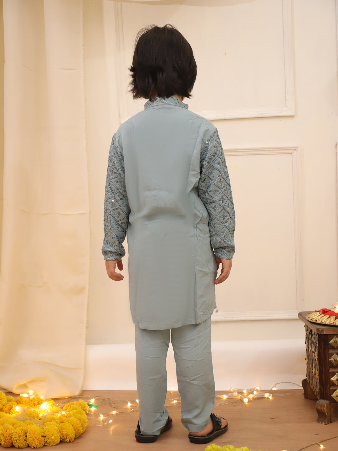 Kid One Sequins Work Kurta Pajama Set Gray
