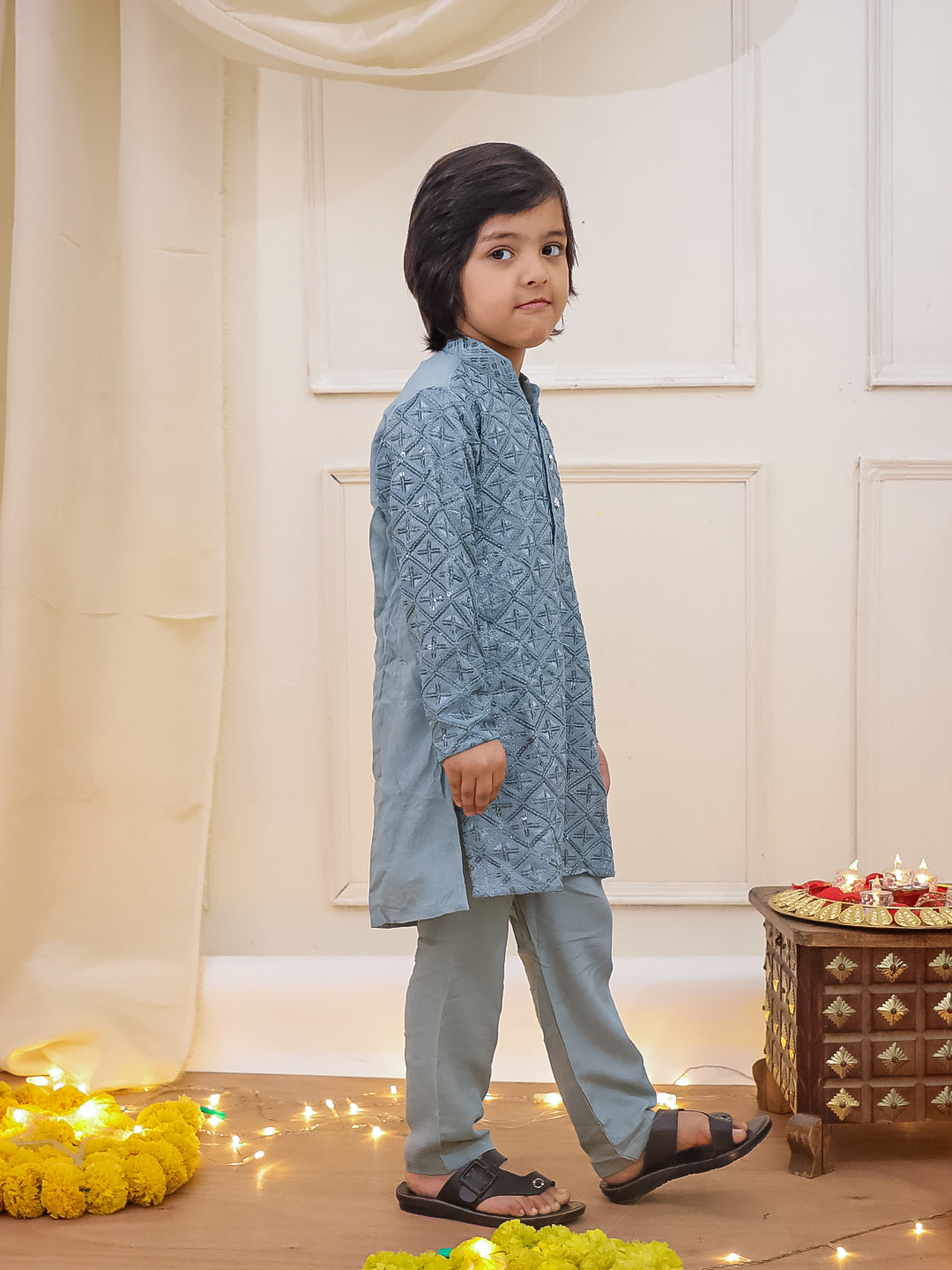 Kid One Sequins Work Kurta Pajama Set Gray