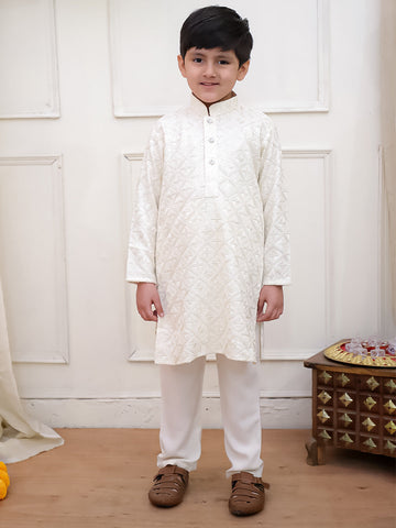 Kid One Sequins Work Kurta Pajama Set Offwhite