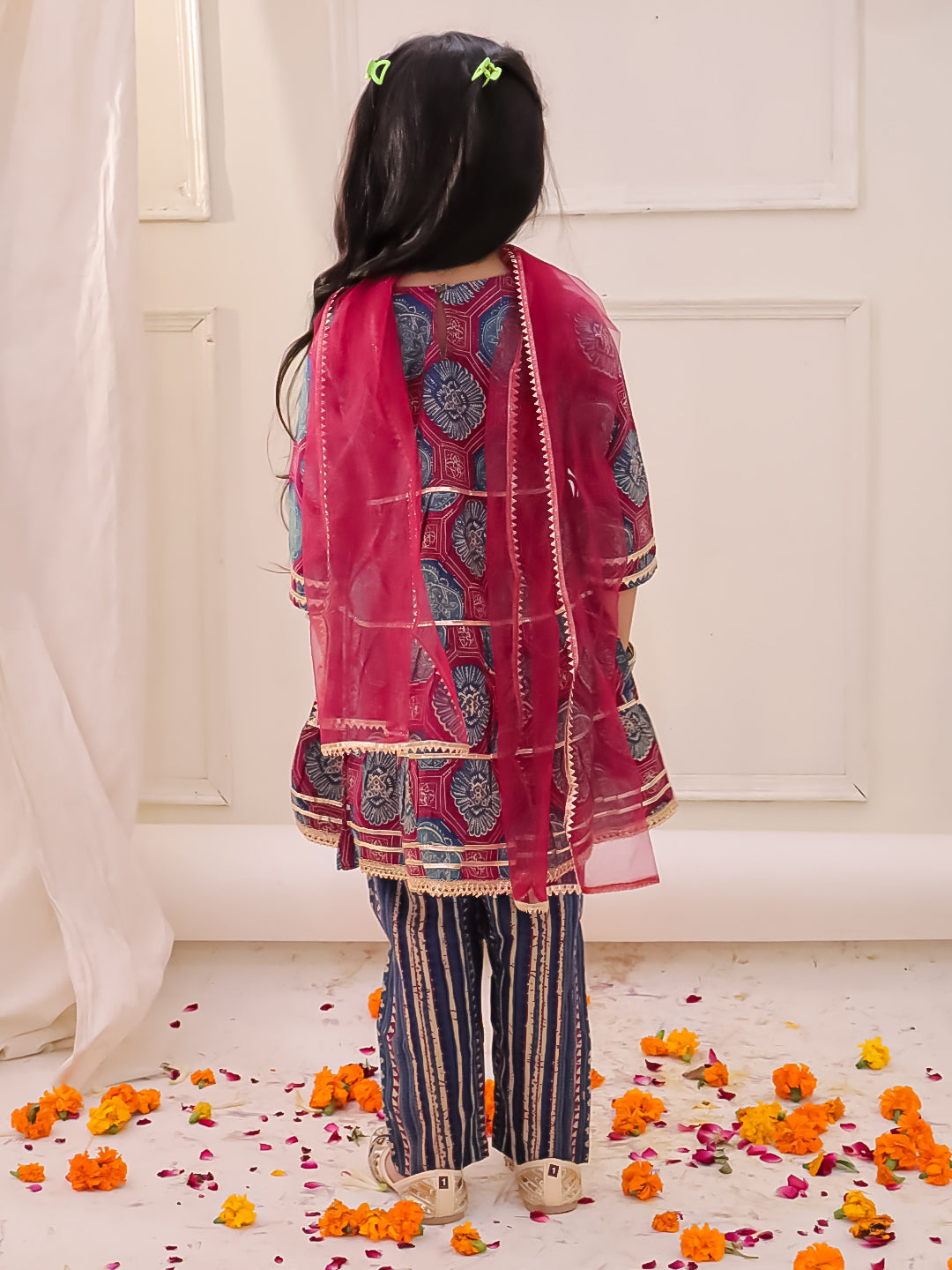 KID1 3 Tier Kurti With Pants And Dupatta Blue