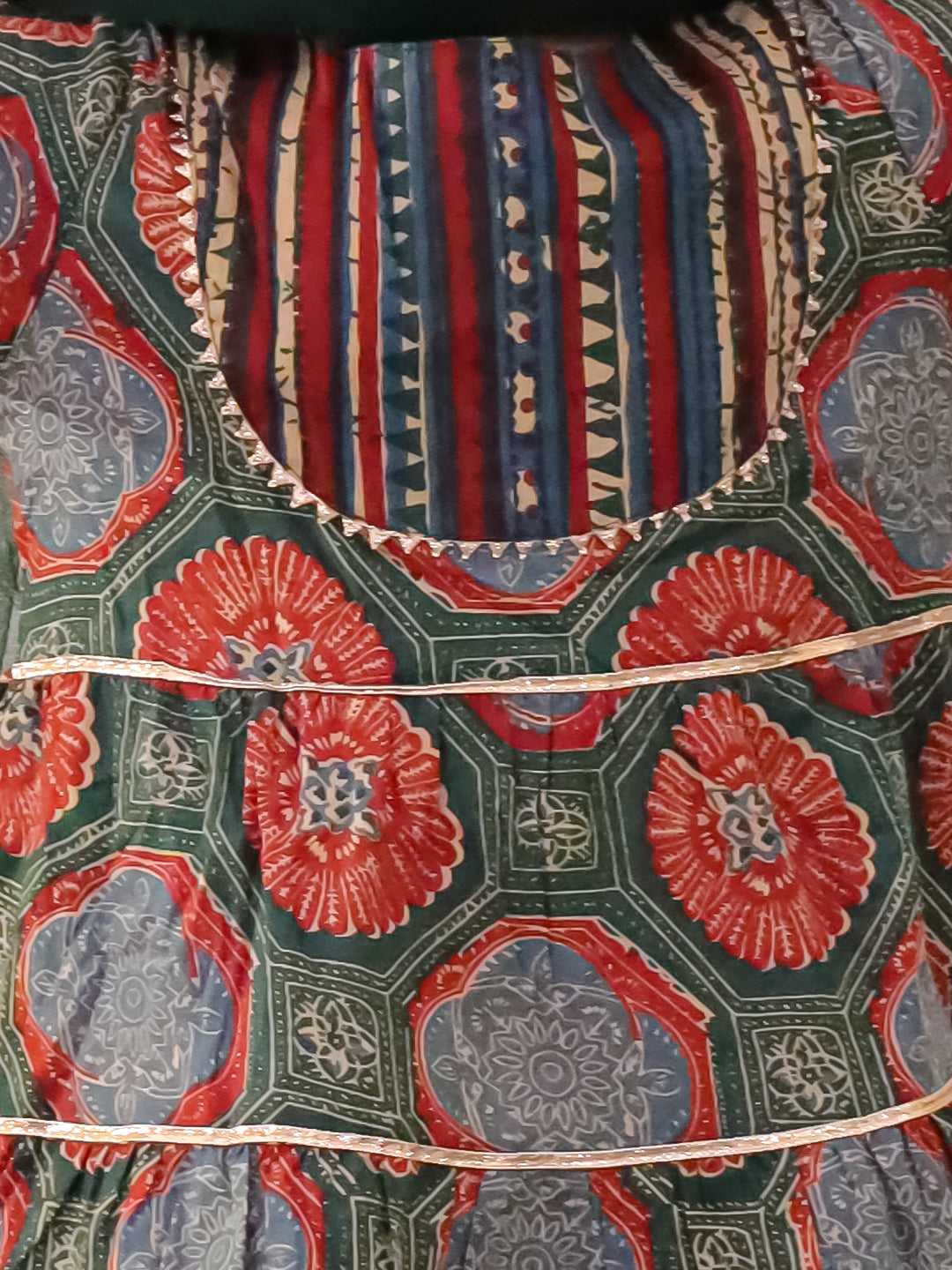 KID1 3 Tier Kurti With Pants And Dupatta Green