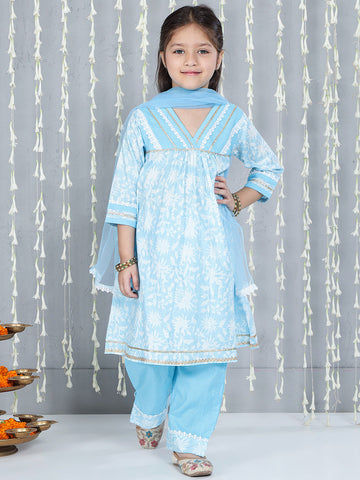 KID1 Floral Printed Kurti Palazzo With Dupatta Blue