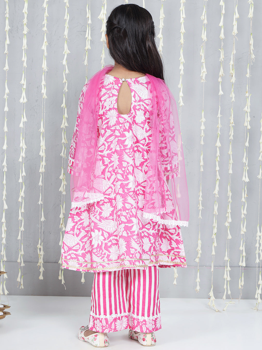 KID1 Floral Printed Kurti Palazzo With Dupatta Pink