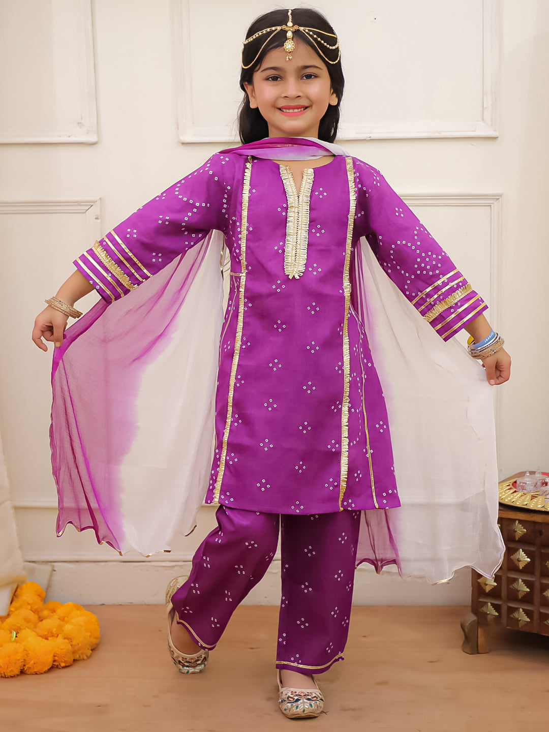 Kid One Bandhani Kurti Pants With Dupatta Purple