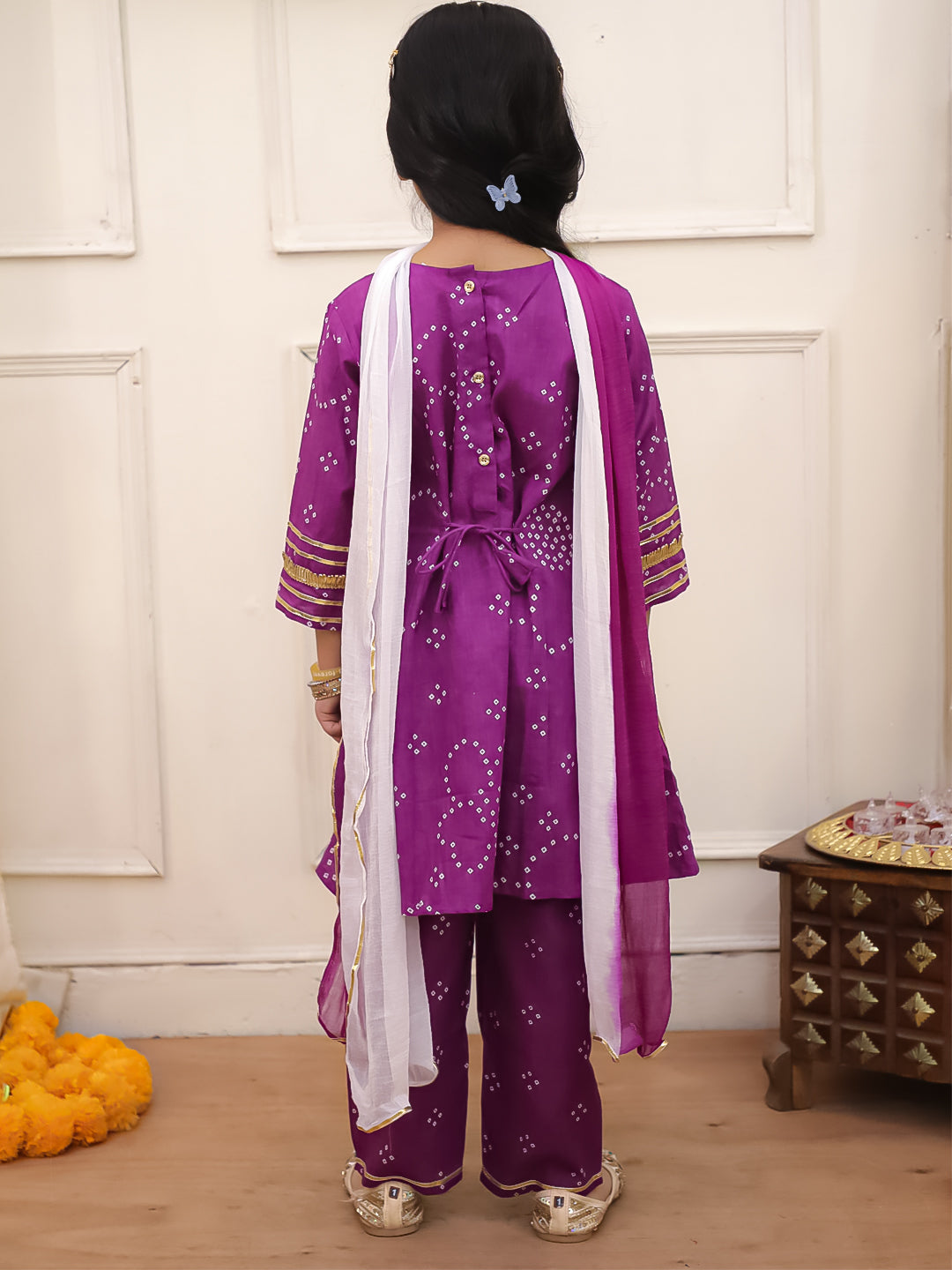 Kid One Bandhani Kurti Pants With Dupatta Purple