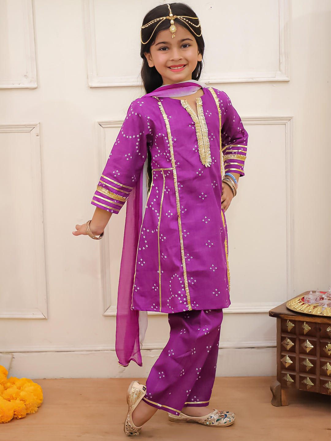 Kid One Bandhani Kurti Pants With Dupatta Purple