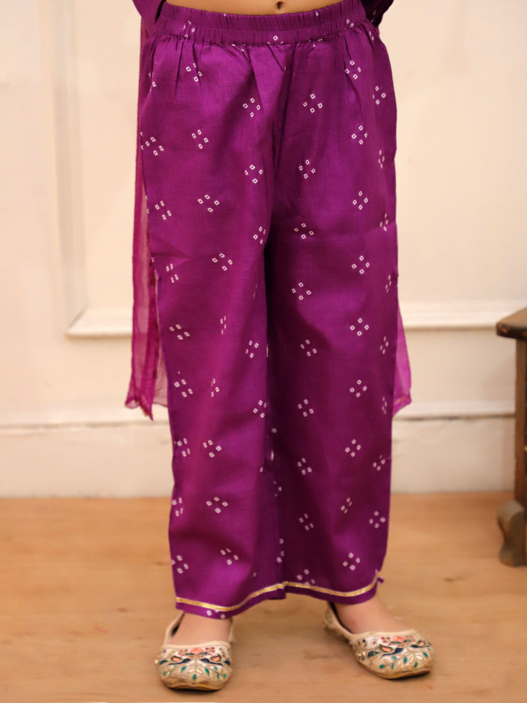 Kid One Bandhani Kurti Pants With Dupatta Purple