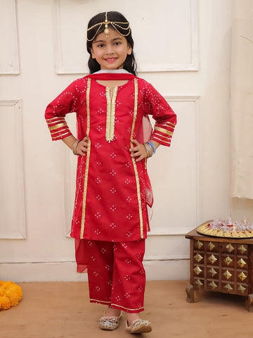Kid One Bandhani Kurti Pants With Dupatta Red