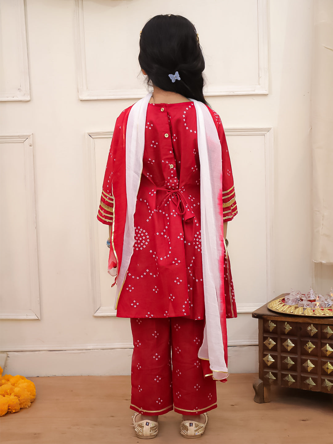 Kid One Bandhani Kurti Pants With Dupatta Red