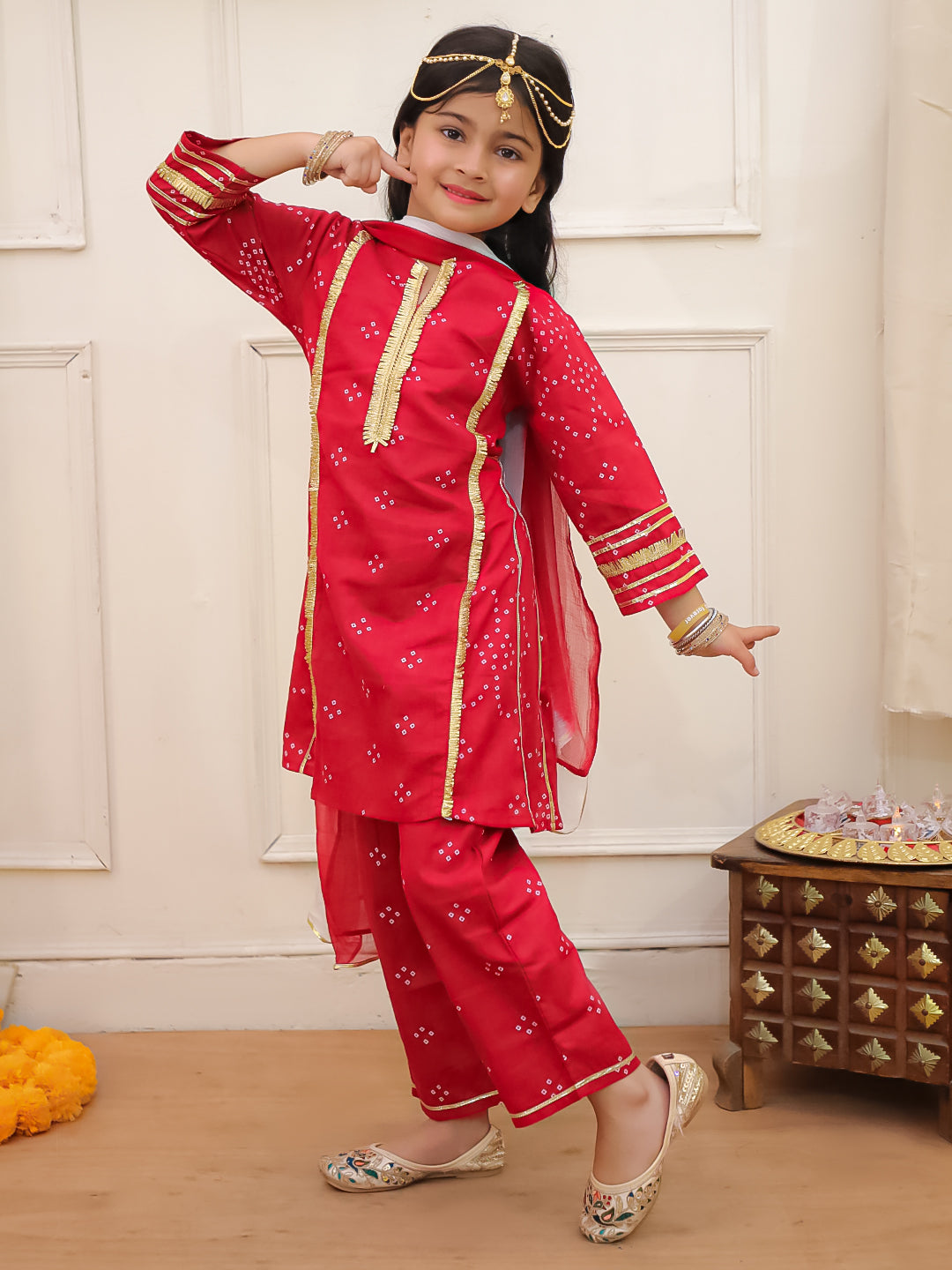 Kid One Bandhani Kurti Pants With Dupatta Red