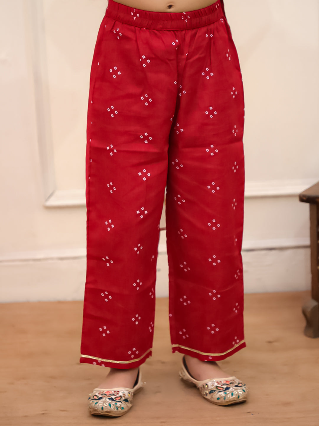 Kid One Bandhani Kurti Pants With Dupatta Red