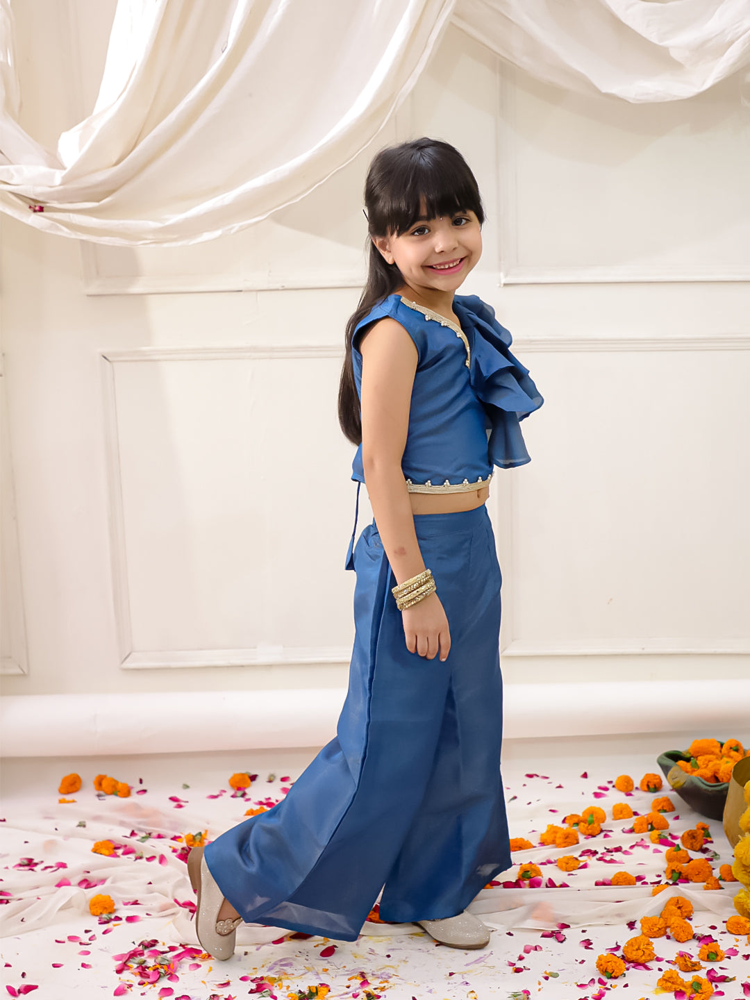 KID1 Pearl Ruffle top with palazzo Blue