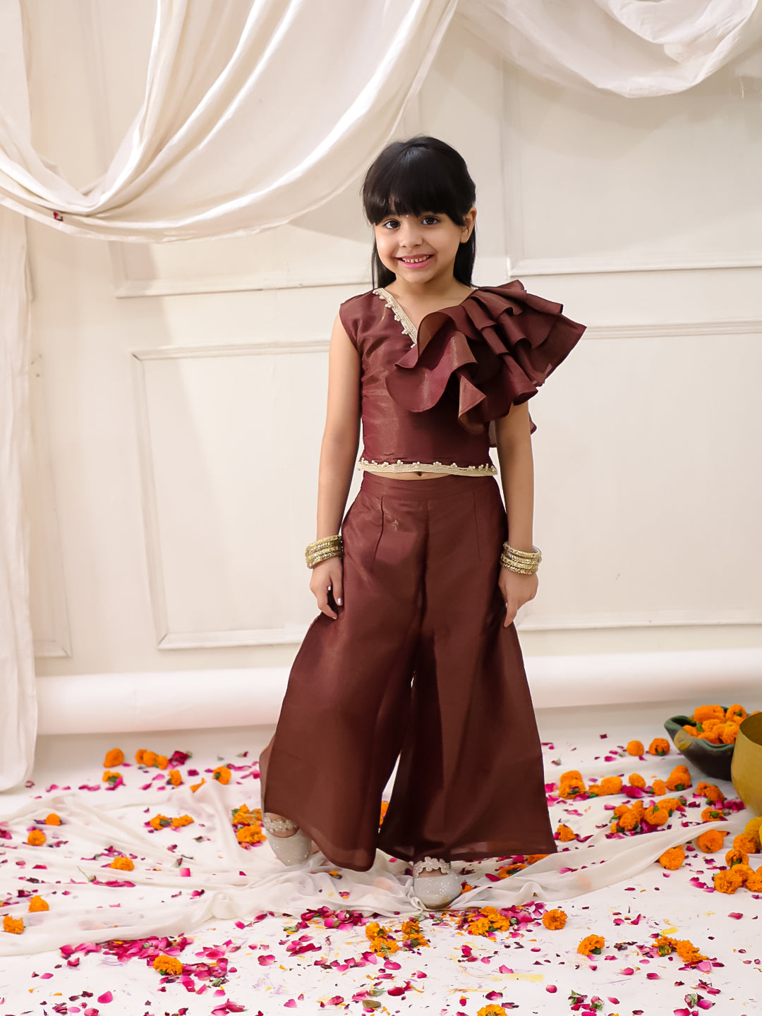 KID1 Pearl Ruffle top with palazzo Brown