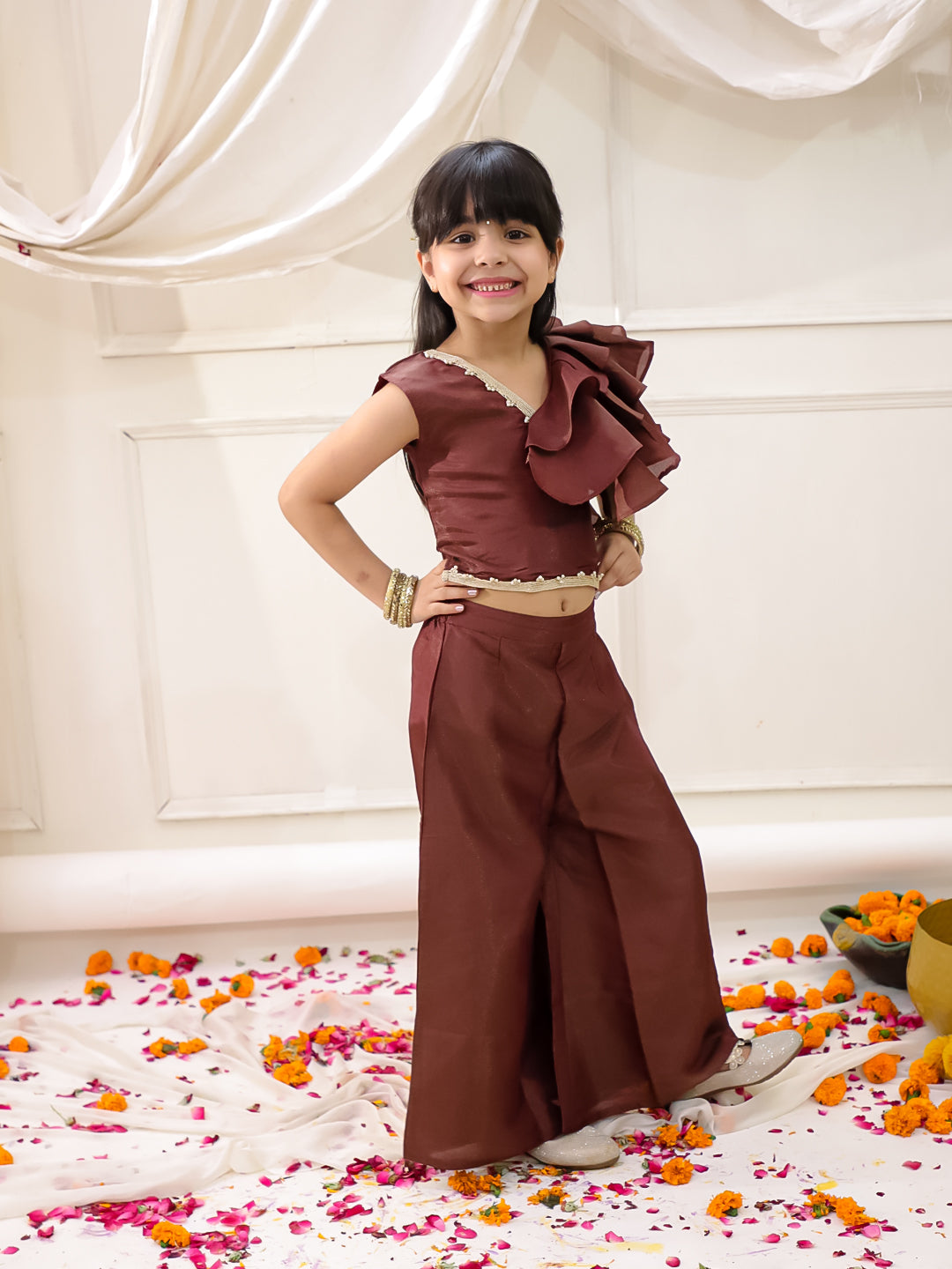 KID1 Pearl Ruffle top with palazzo Brown