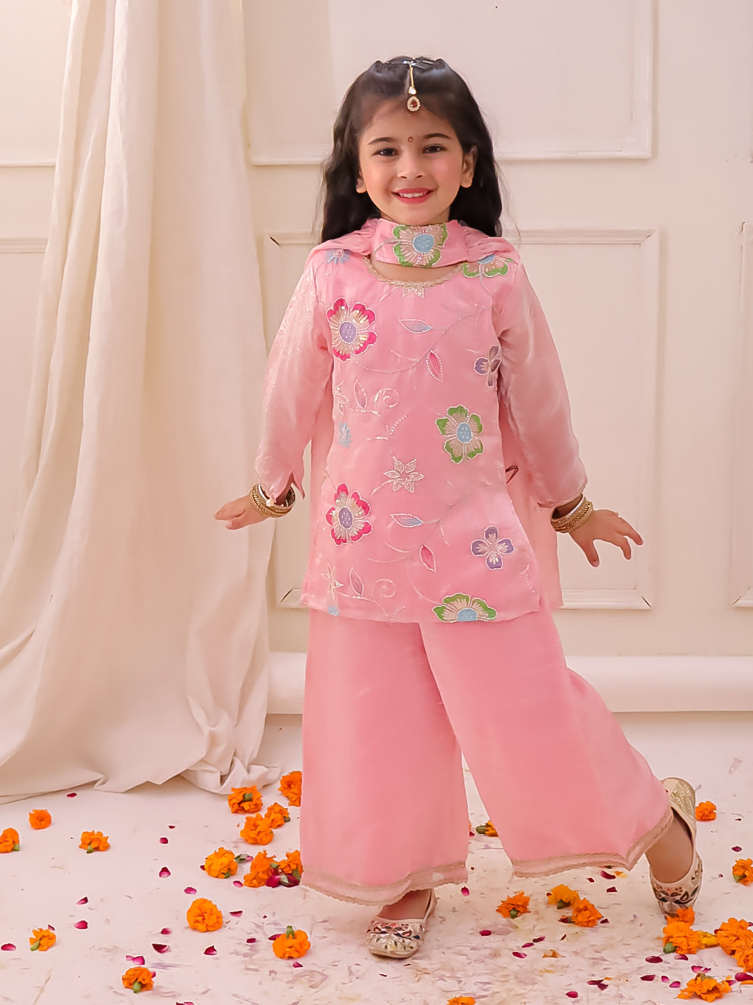 KID1 Blossom Kurti Plazzo with Dupatta Pink