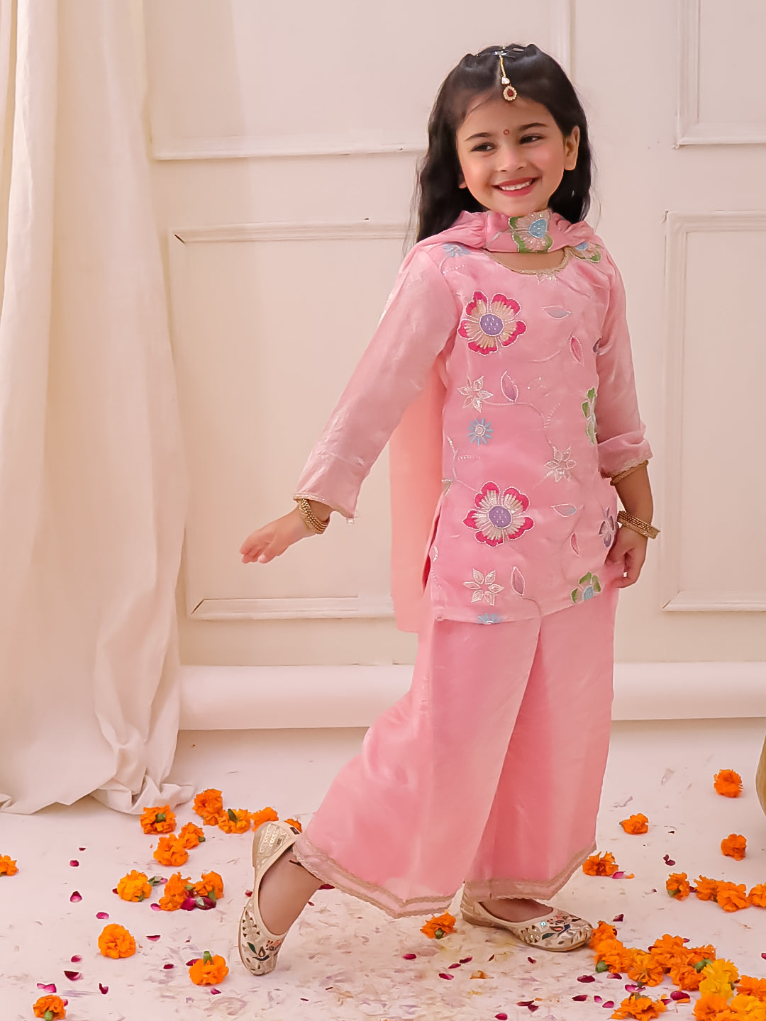 KID1 Blossom Kurti Plazzo with Dupatta Pink