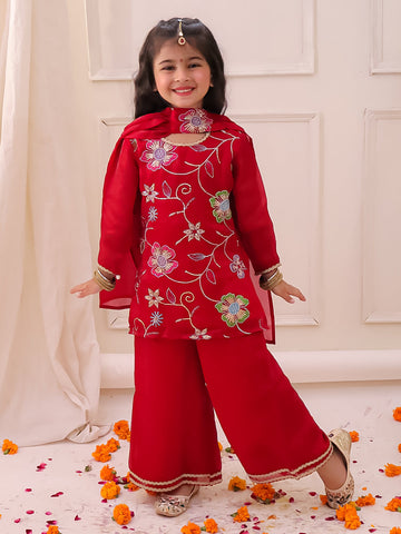 KID1 Blossom Kurti Plazzo with Dupatta Red