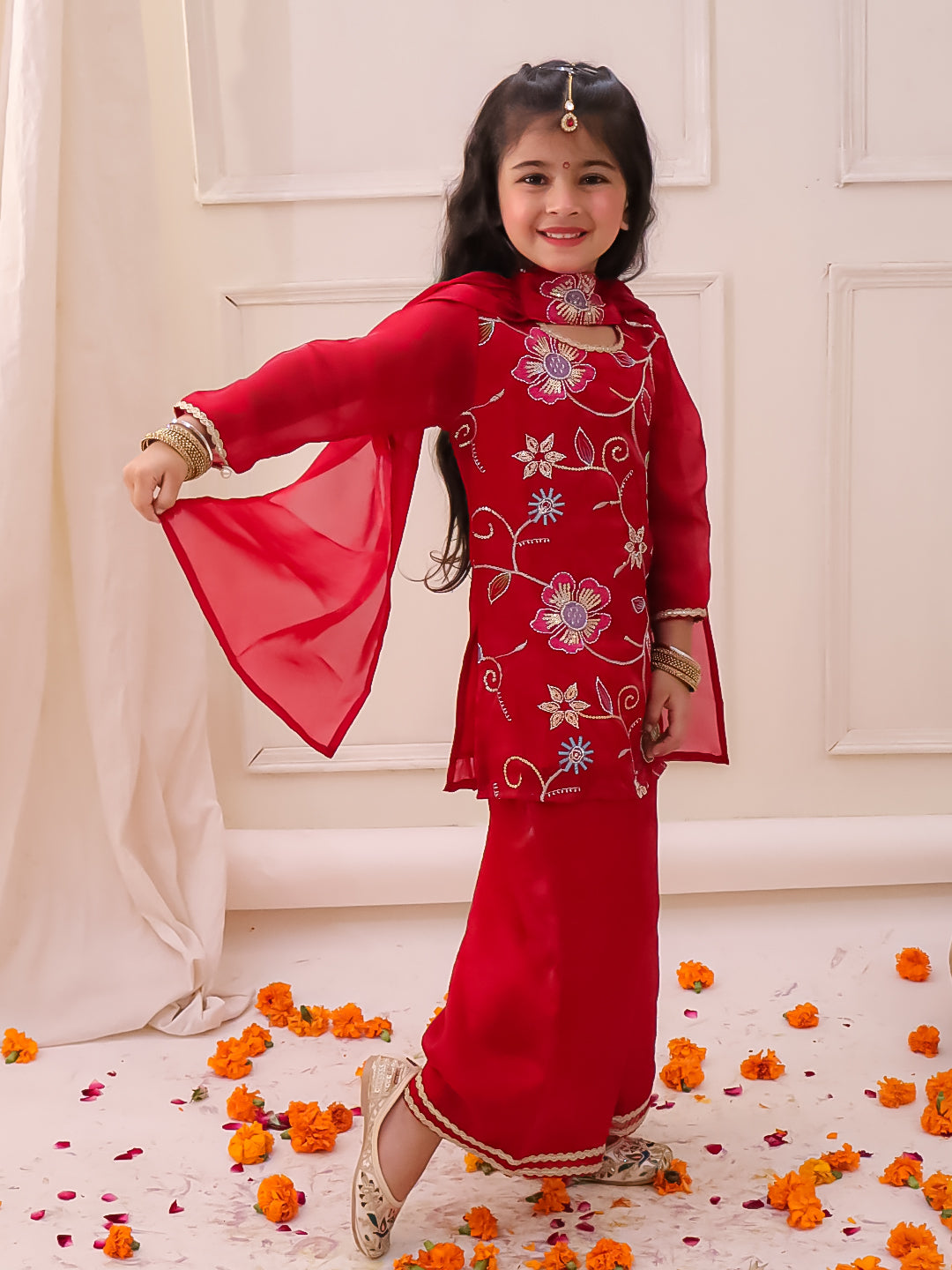 KID1 Blossom Kurti Plazzo with Dupatta Red
