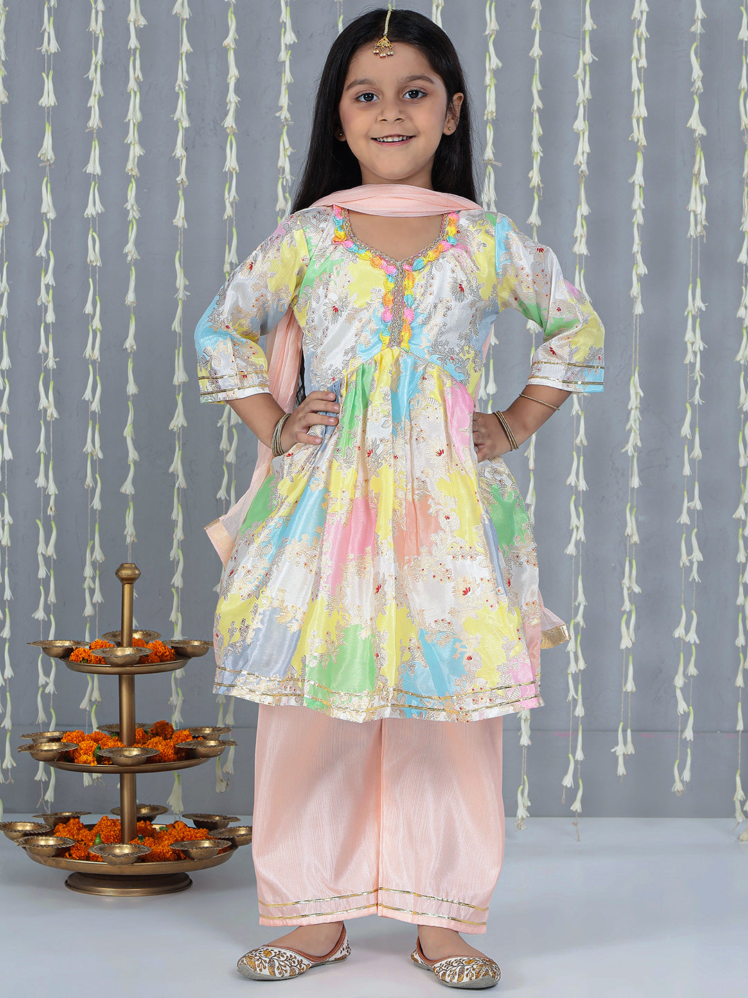 KID1 Dew Drop Kurti Plazzo Pant With Dupatta Peach