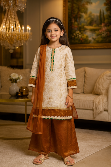 Kid One Jacquard Kurti Plazzo Set Offwhite