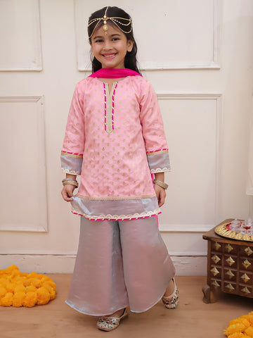 Kid One Jacquard Kurti Plazzo Set Pink
