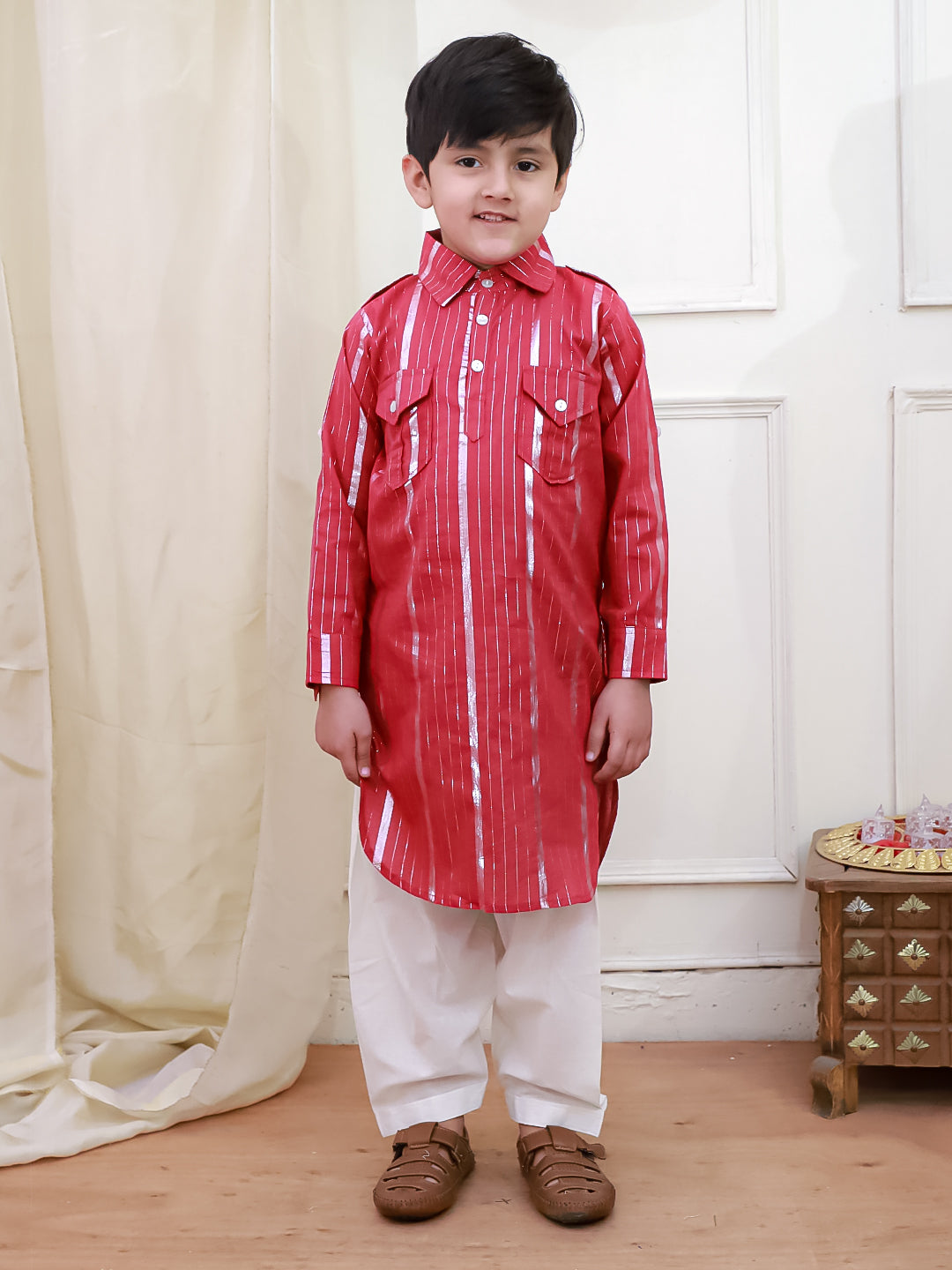 Gul Cotton Sharara Set For Girls With Cotton Pathani & Salwar For Boys - Red & White