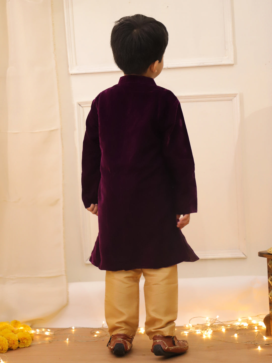 KID1 Embroidered Velvet Sherwani Set Purple