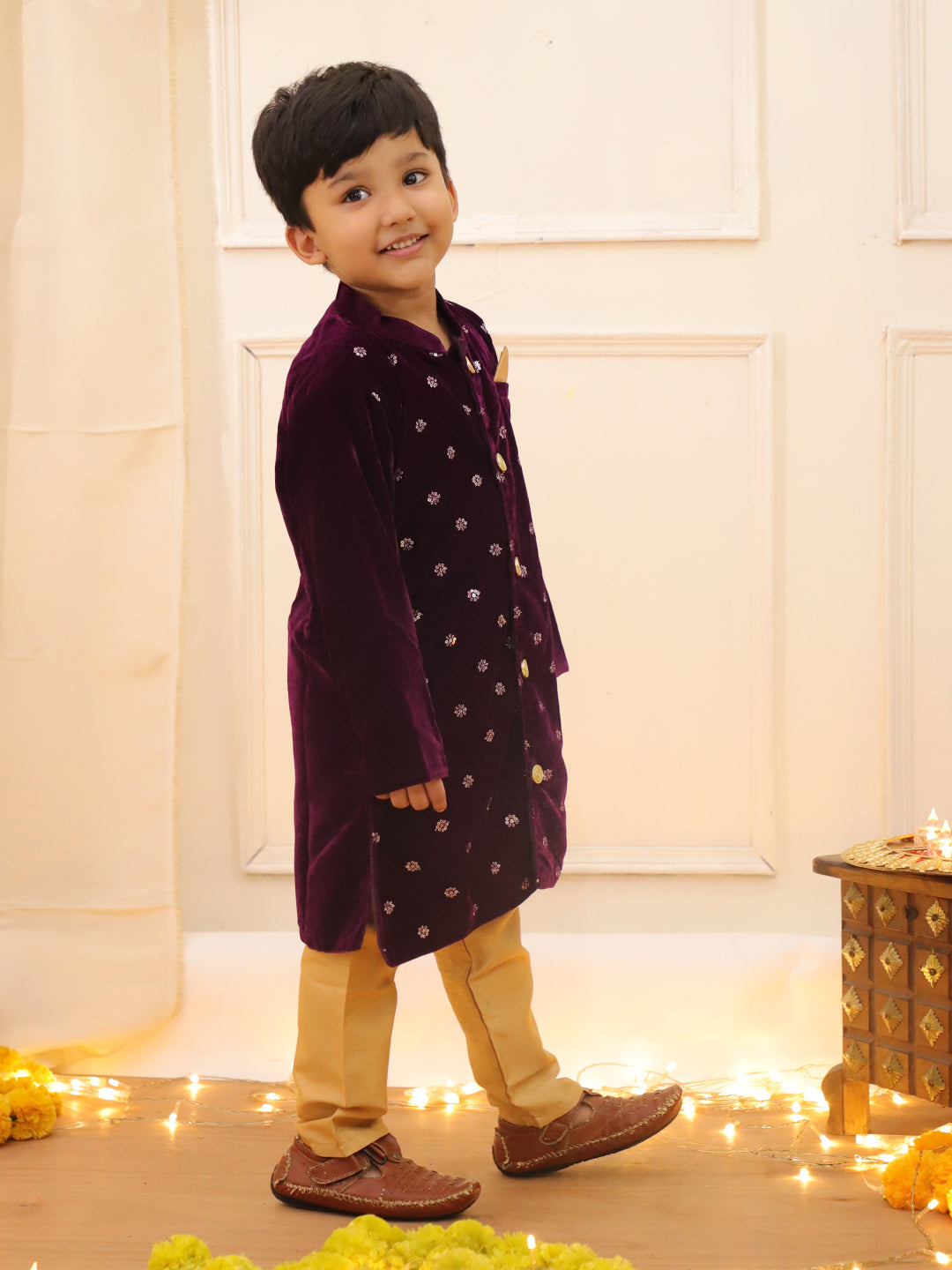 KID1 Embroidered Velvet Sherwani Set Purple