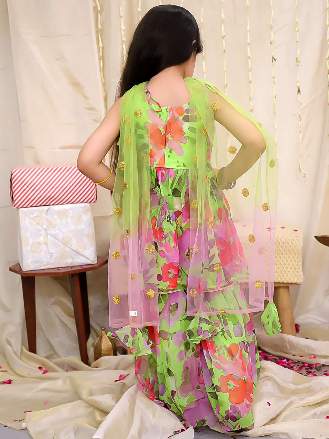 KID1 Spring Floral Shararaa Set Green