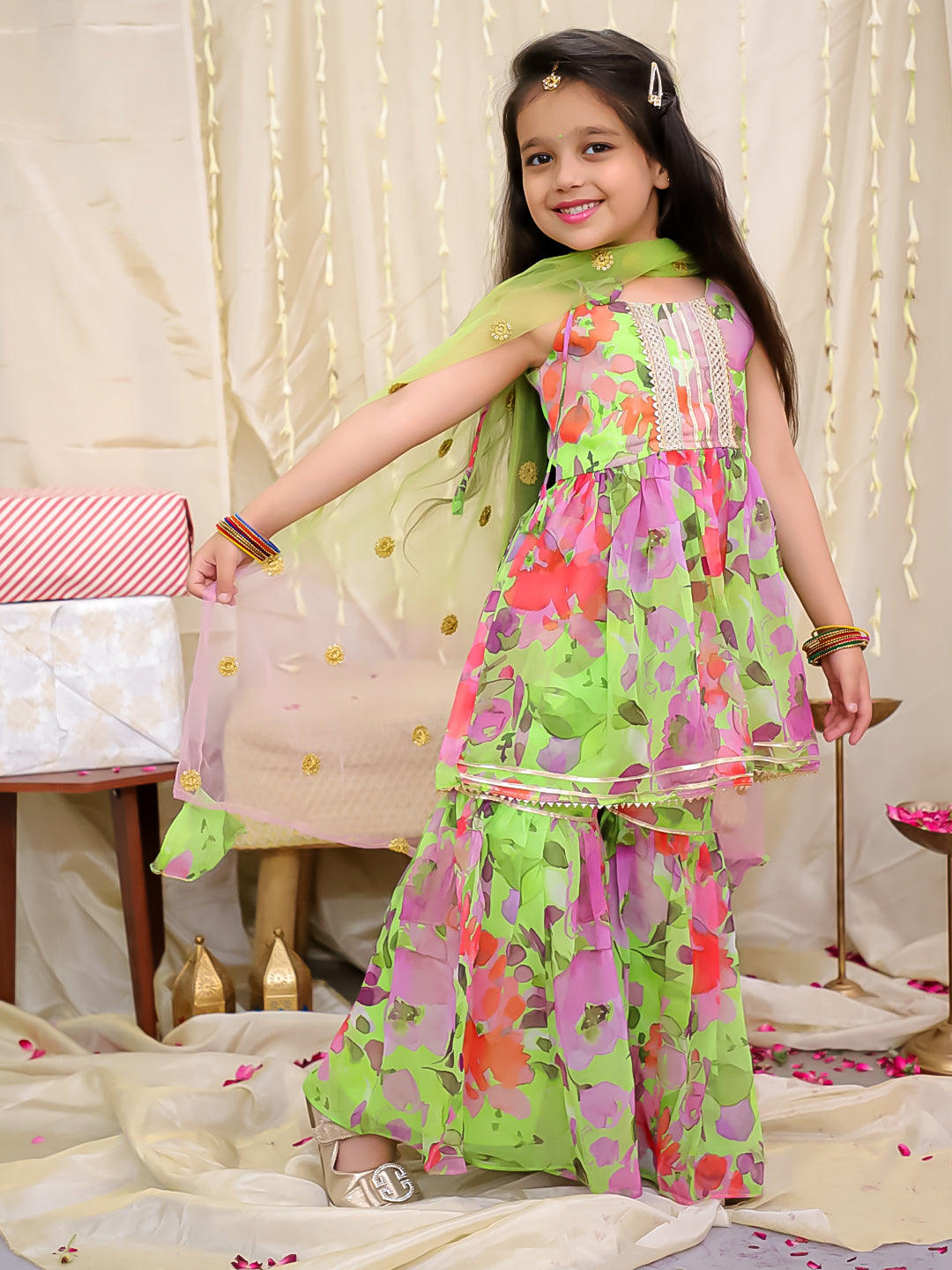 KID1 Spring Floral Shararaa Set Green