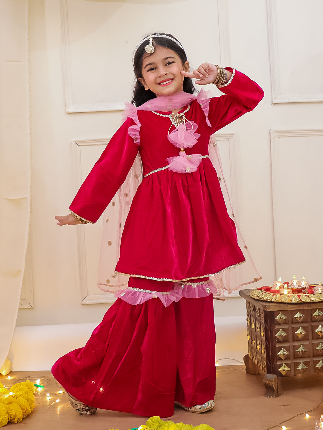 KID1 Riwaz Rani Velvet Sharara Set Pink