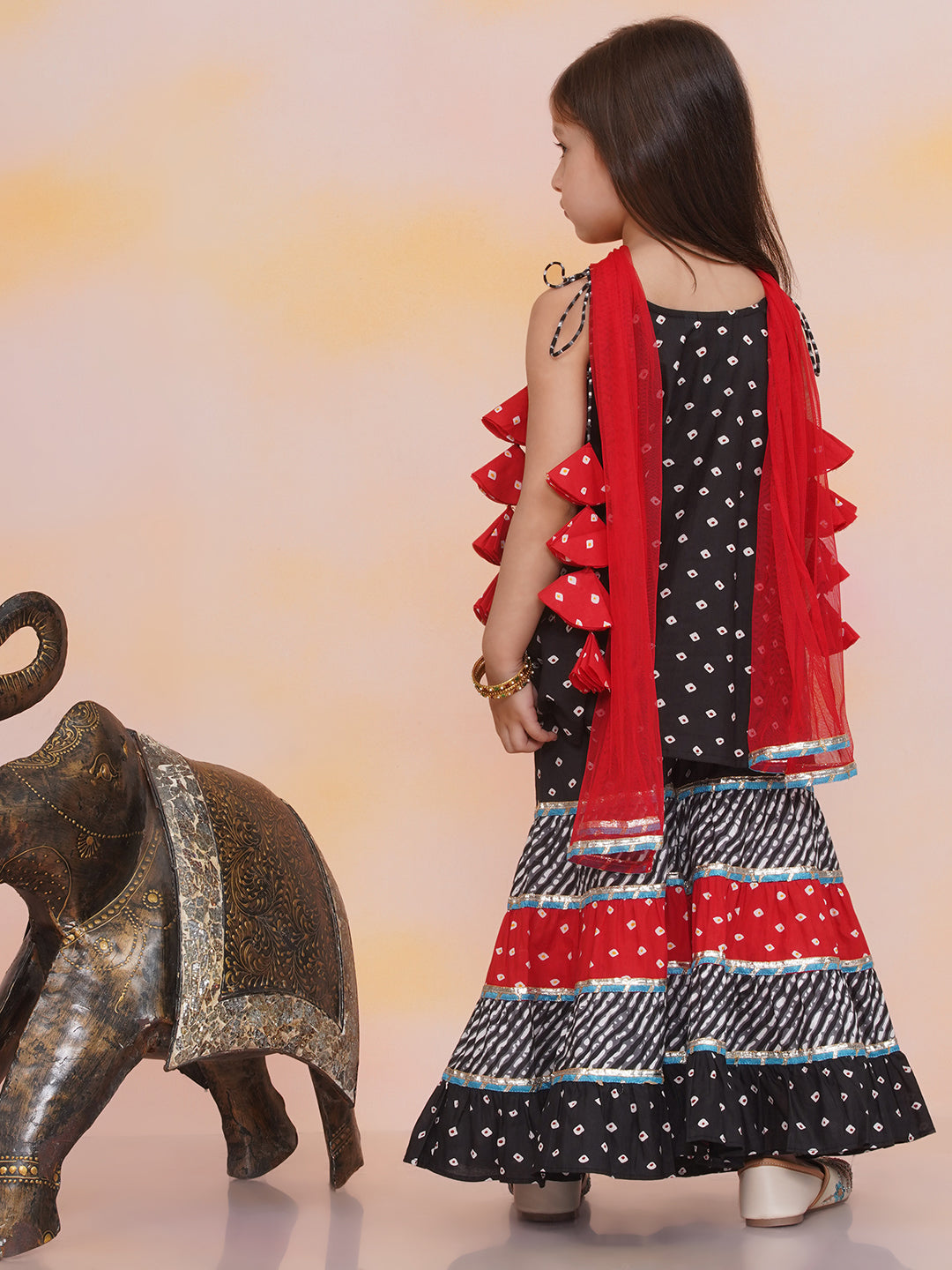 KID1 Aisha Bandhani Sharara Set For Girls With Chandaa Bandhani Kurta Pyjama For Boys - Black & Red