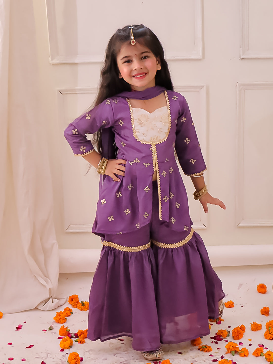 KID1 Chinon Embroidery Kurti With Sharara Set Purple