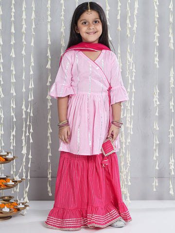 KID1 Silver Lurex Kurti And Sharara Set With Dupatta Pink