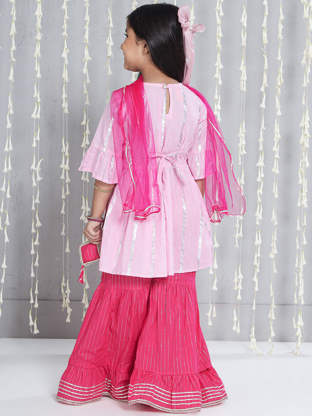 KID1 Silver Lurex Kurti And Sharara Set With Dupatta Pink