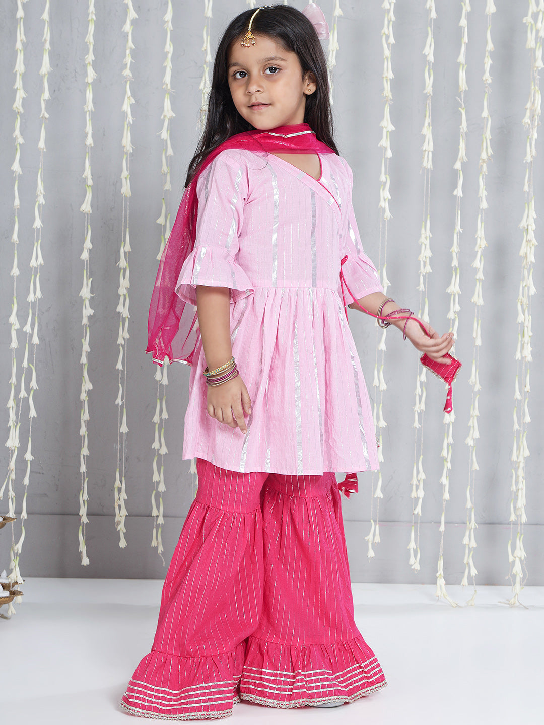 KID1 Silver Lurex Kurti And Sharara Set With Dupatta Pink