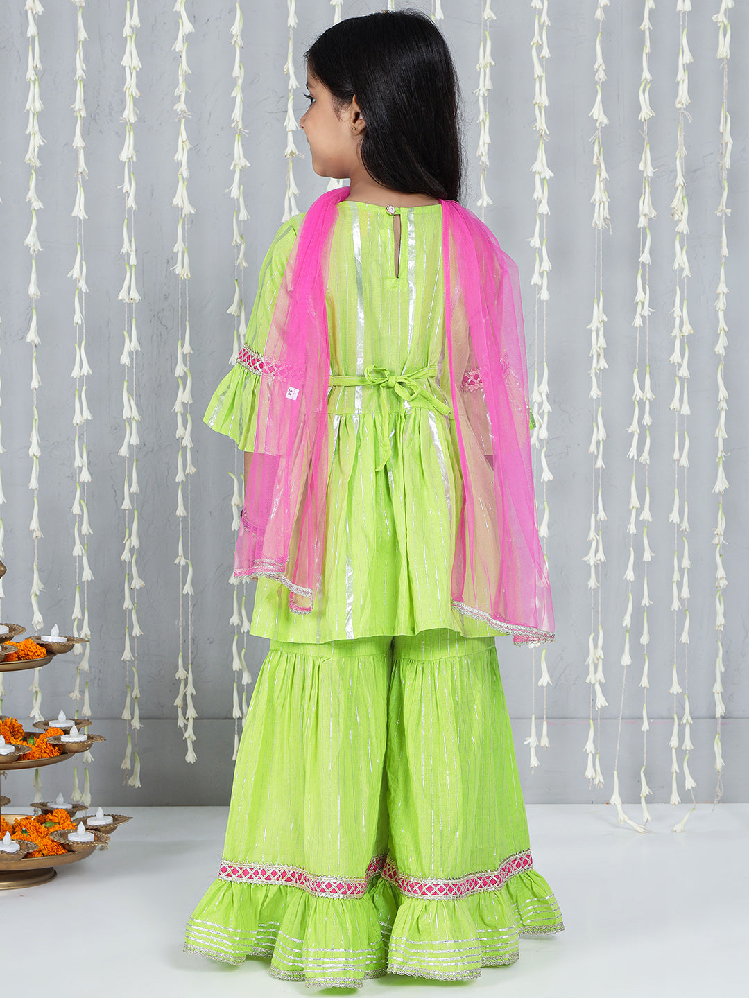 Gul Cotton Sharara Set For Girls With Cotton Pathani & Salwar For Boys - Green