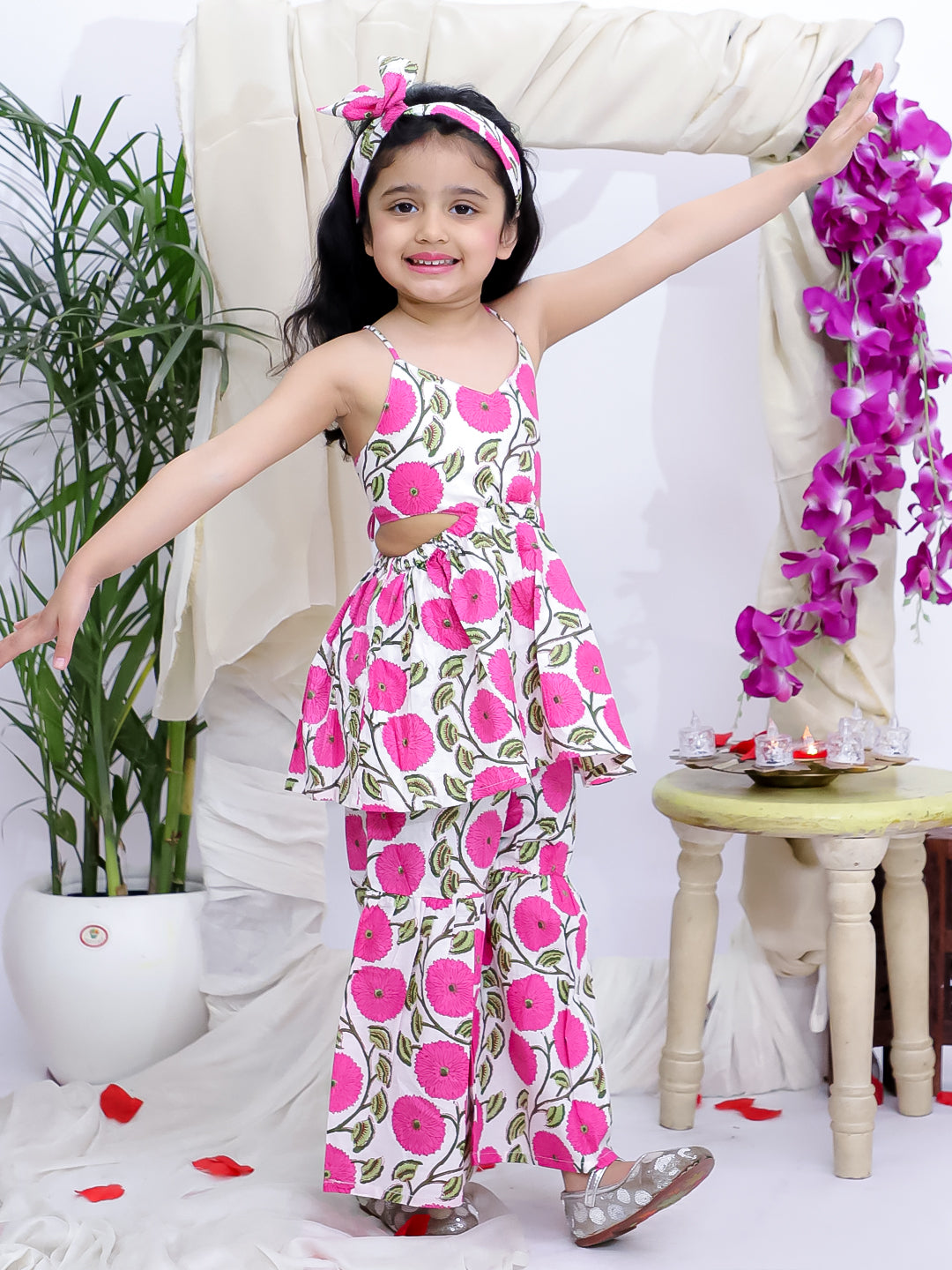 Kid One Sleeveless Floral Printed Cotton Kurta Sharara With Headband Set For Girls Pink