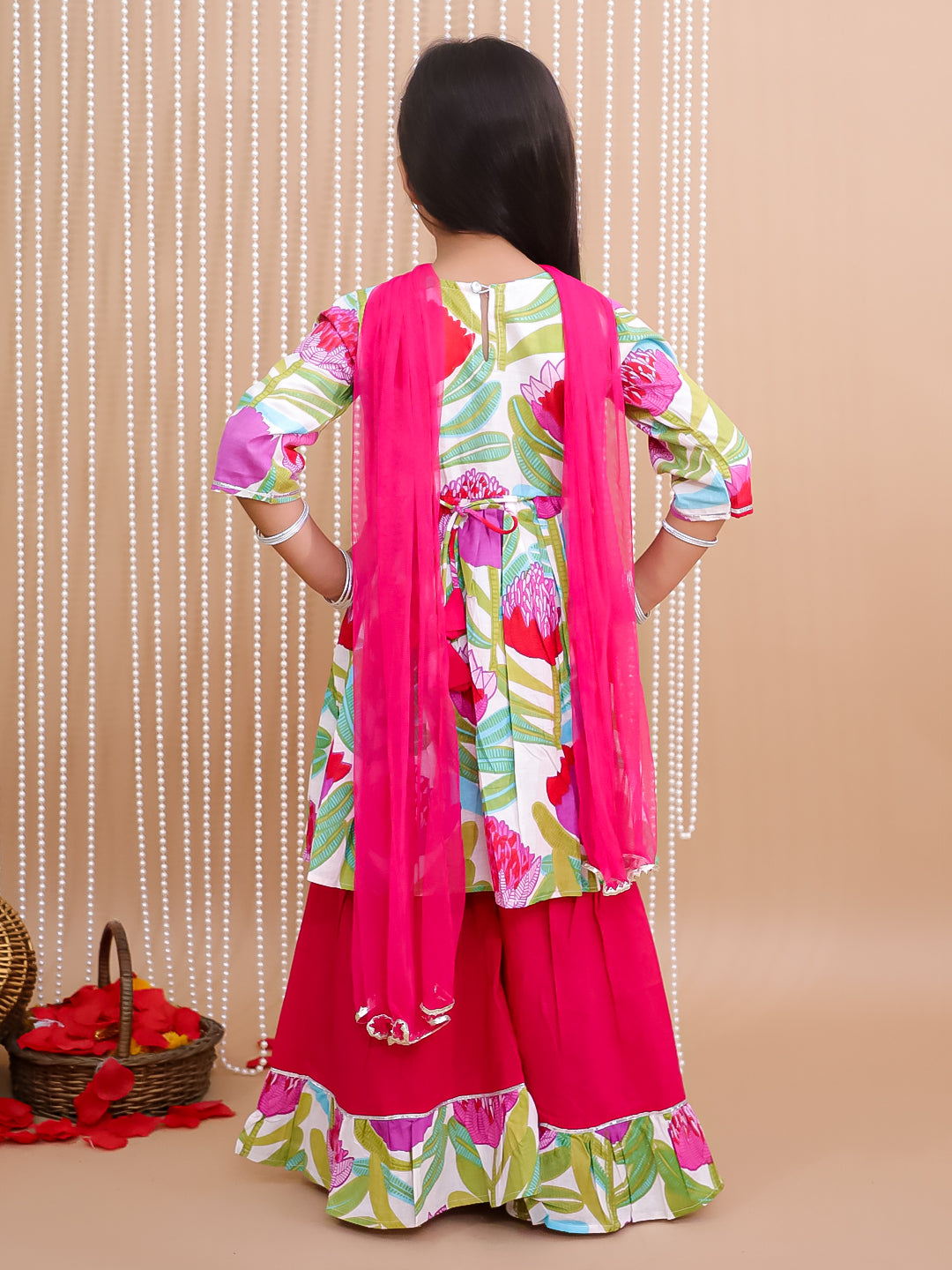 Kid One Pure Cotton Blossom Kurti Sharara With Dupatta Set For Girls Pink