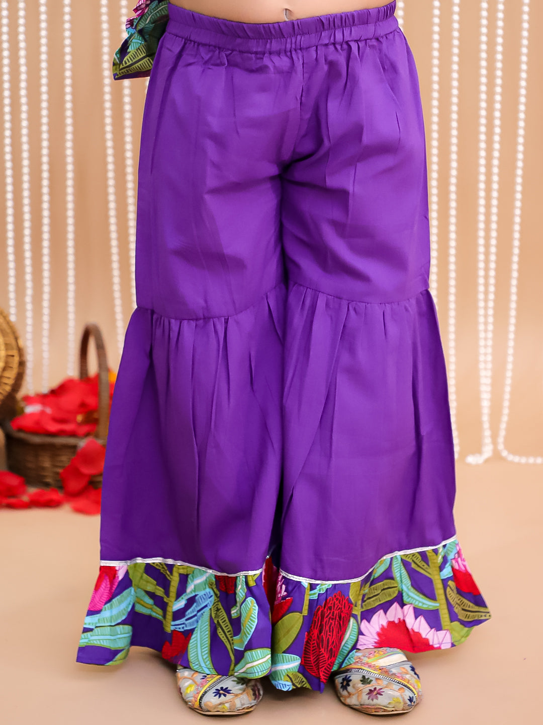 Kid One Pure Cotton Blossom Kurti Sharara With Dupatta Set For Girls Purple