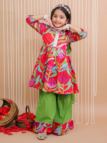 Kid One Pure Cotton Blossom Kurti Sharara With Dupatta Set For Girls Red