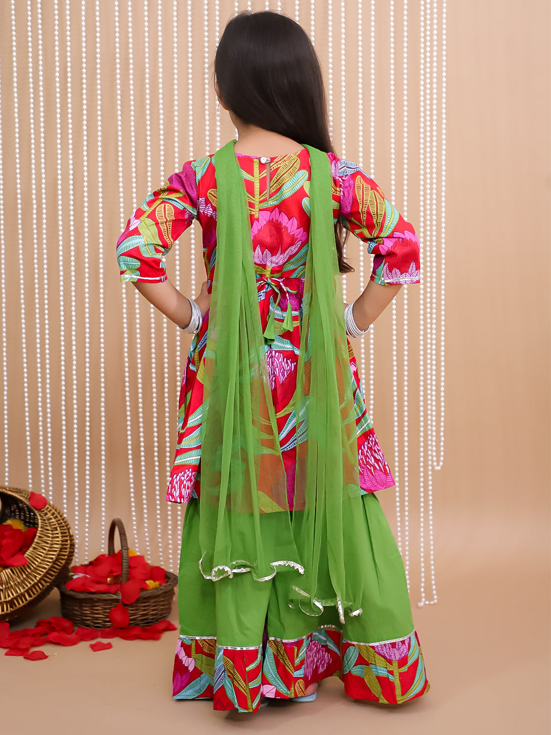 Kid One Pure Cotton Blossom Kurti Sharara With Dupatta Set For Girls Red