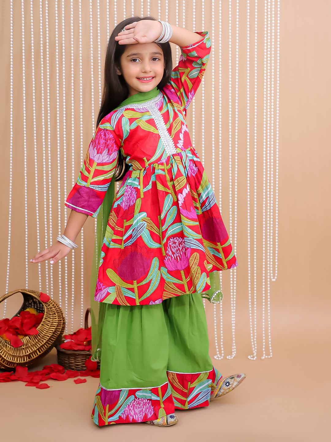 Kid One Pure Cotton Blossom Kurti Sharara With Dupatta Set For Girls Red