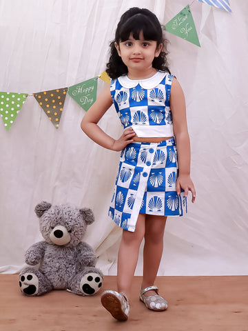 Kid One Shell Block Print Top & Skirt Set Blue
